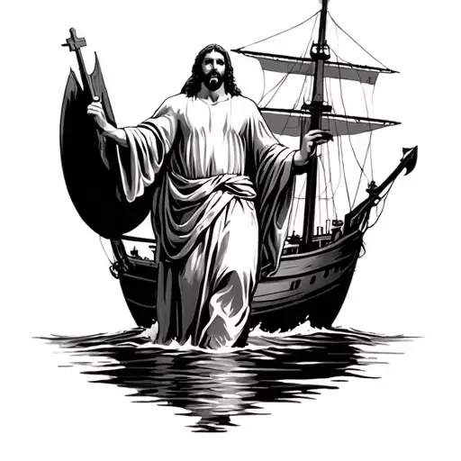 Jesus Christ Walking On Water Towards Their Ship Black And Gray