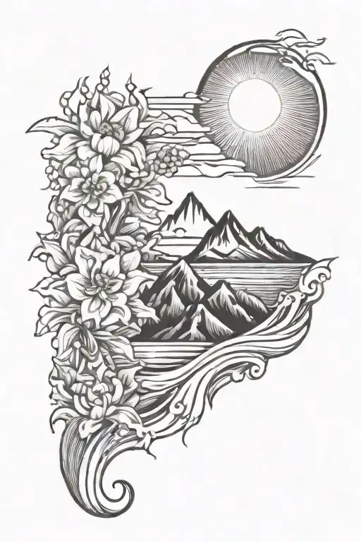 Healing Mountain Sunrise Integrated With Ocean Waves And Flowers
