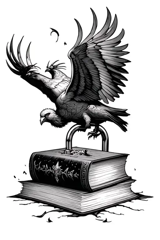 Locked Book With Myths And Legends Trying To Escape With A Phoenix Flying