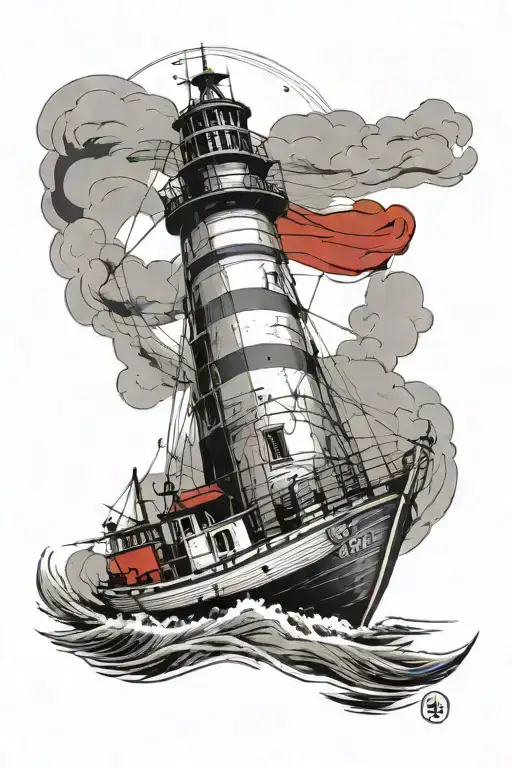 Fishing Boat From 1970 With A Red Lighthouse Behind