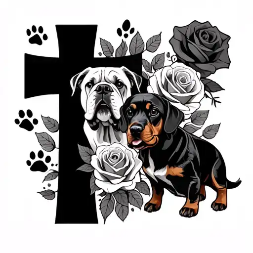 Cross And Roses With A Bulldog And Dachshund With And Dinosaur And Paw Prints