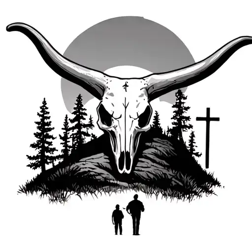 Texas Longhorn Skull Tattoo With Forest Design And A Guy Looking At 3 Crosses On A Hill