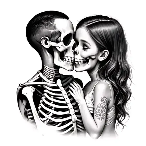 Little Girl Kissing Man Skeleton