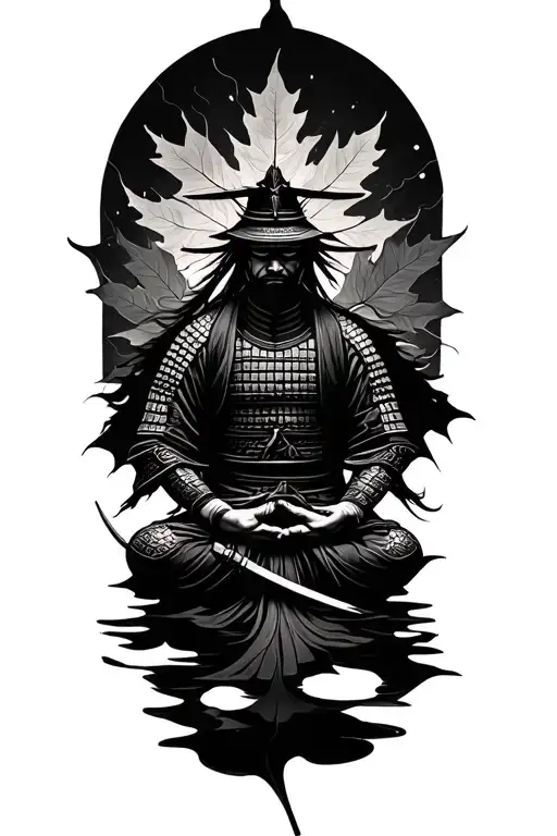 Mapple Leaf And Samurai Warrior Meditating