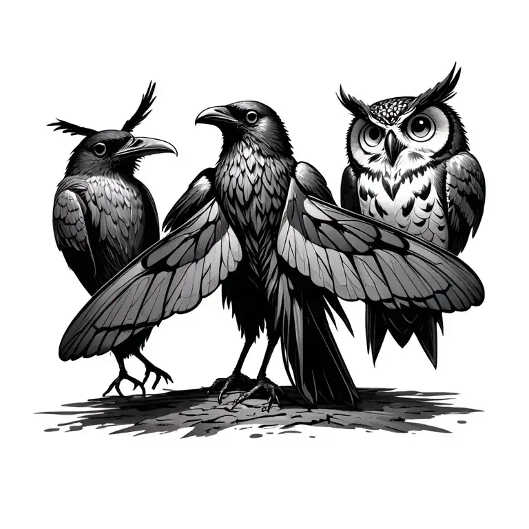 Three Eyed Raven Standing With A Large Moth In The Middle And A Three Eyed Owl On The Other Side