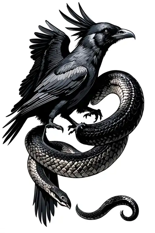 Snake Biting Onto A Crow With Its Wings Spread