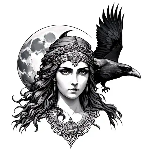 Athena Goddess With Raven Flying And Moon Surrounded