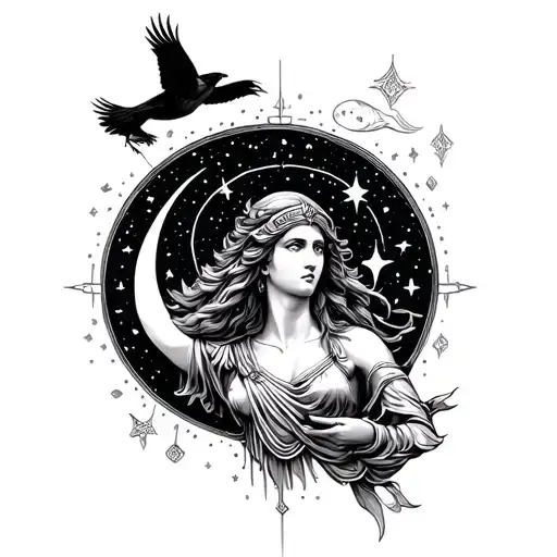Athena Goddess With Raven Flying And Moon Surrounded And Pisces Constellation
