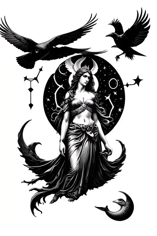 Athena Goddess With Raven Flying And Moon Surrounded And Pisces Constellation