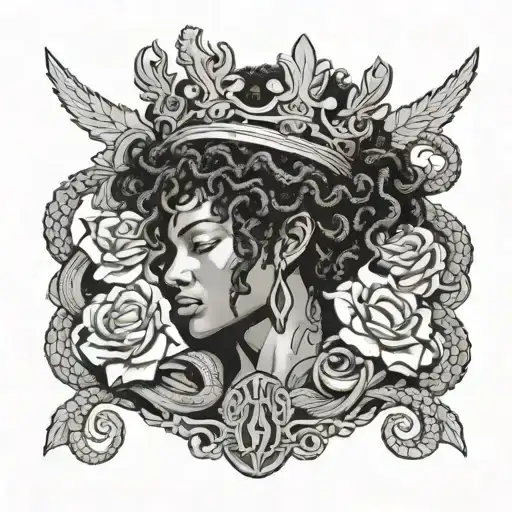 An Afrocentric Medusa Warrior Head With Crown And Snakes And Flowers