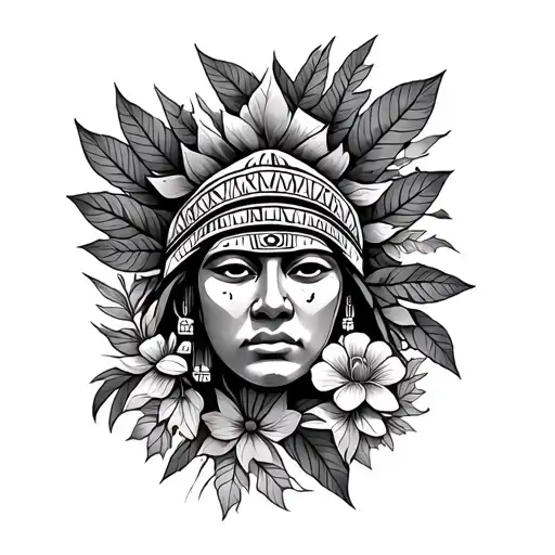 Aztec Face Surrounded By Leaves And Flowers