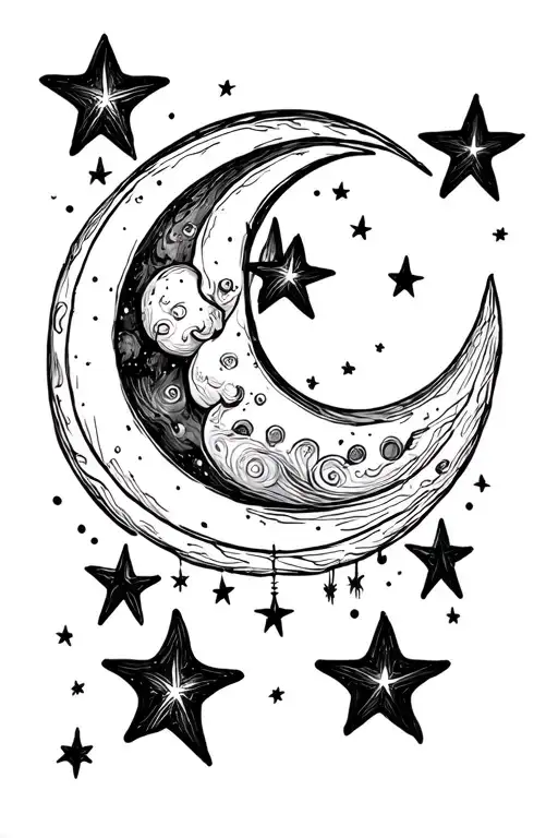Moon And Stars Delicate Line Drawing