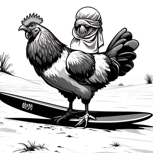 Chicken Joe Surfs Up Standing In A Desert With A Arabic Hijab On