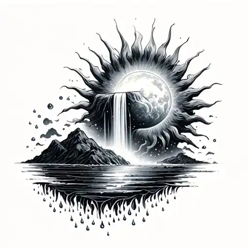 A Sun Flowing Into A Universe That Turns Into A Waterfall With Rain Drops At The Bottom