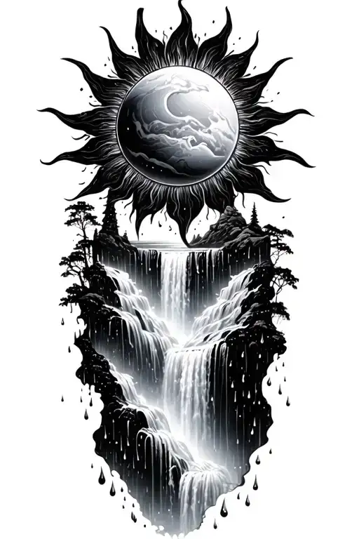 A Sun Flowing Into A Universe That Turns Into A Waterfall With Rain Drops At The Bottom