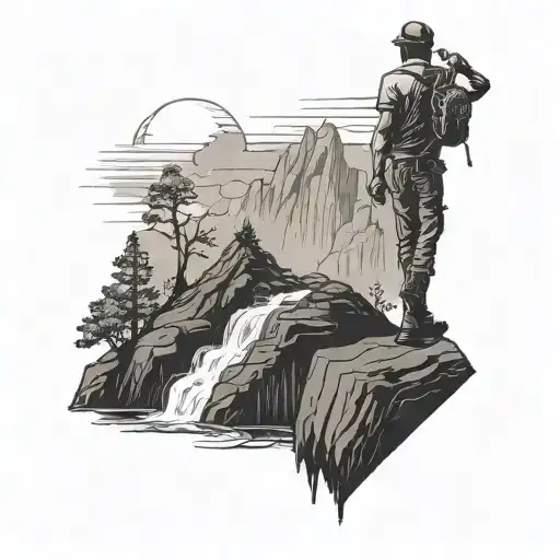 A Silhouette Of A Hiker Standing On The Edge Of A Volcano Overlooking A Waterfall