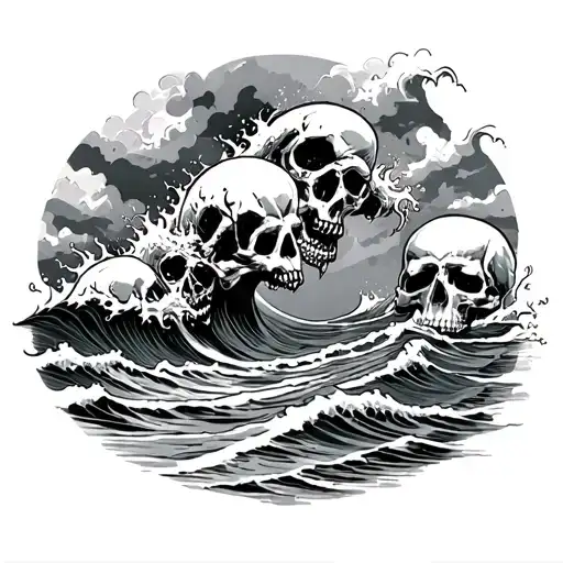 Waves On The Beach And The Foam With A Lot Of Skull Forms