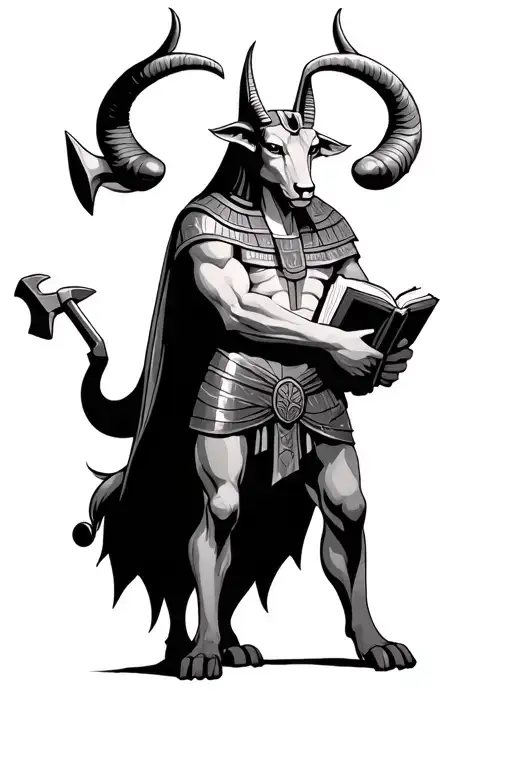 Taurus Posing Like Anubis With Arms Crossed Standing Staight Up Holding A Hammer And A Book