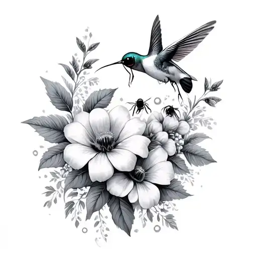 Nature And Flowers With Bees And Hummingbirds