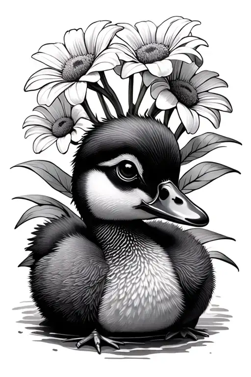 Baby Duck With Tall Flowers Behind It