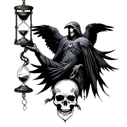 Reaper Holding A Hourglass Twisting Down To A Raven Standing On A Skull