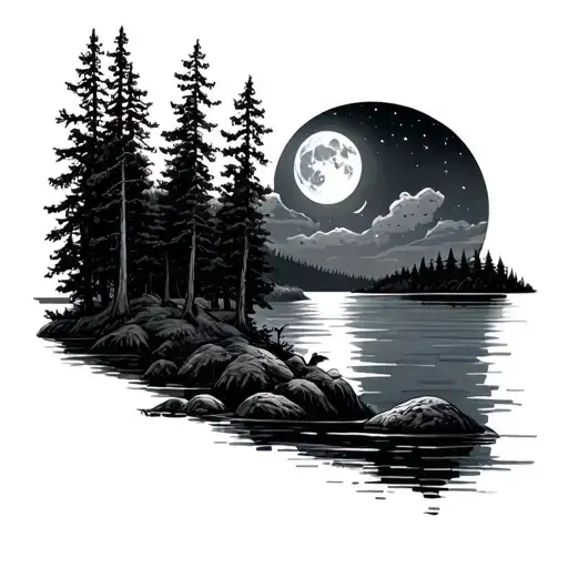 Forrest At Night Next To A Lake And Moon