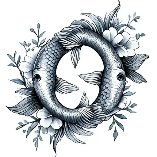Small Pisces Fish And Flowers Intertwined