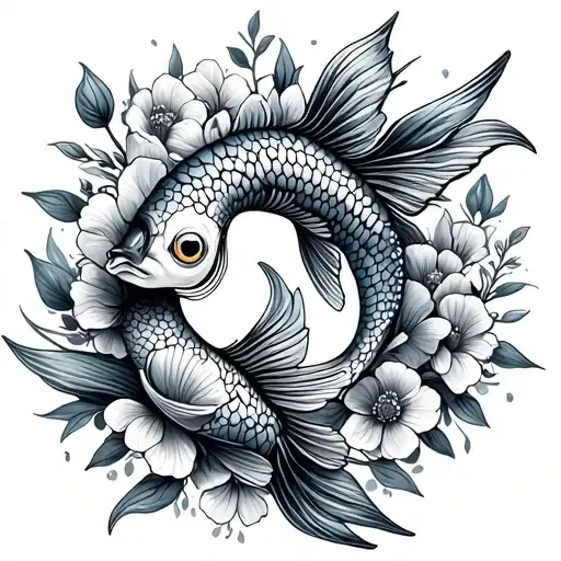 Small Pisces Fish And Flowers Intertwined Within