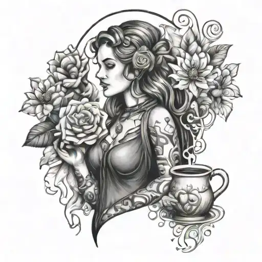 A Barista Goddess Holding A Bouquet Of Coffee Flowers And Surrounded By Mystical Symbols