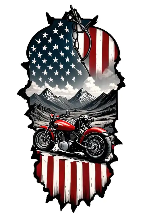 American Flag Torn With Dog Tags With Mountains And Motorsycle