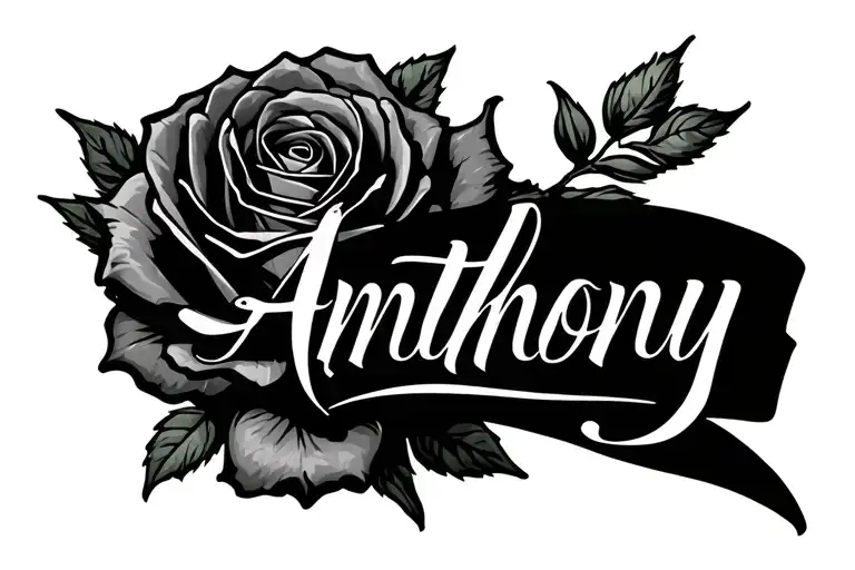 The Name Anthony Written In Calligraphy Font That Is Coming From A Rose Stem