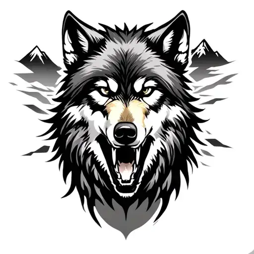 Growling Wolf And Mountains