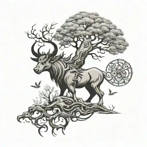 Tree Of Life With An Ox And A Dragon Flying