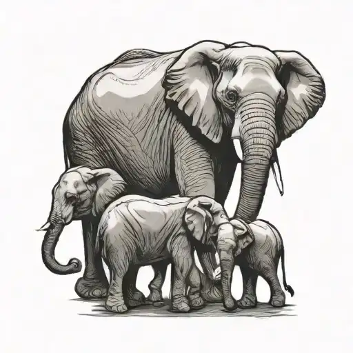 Elephant With A Woman And 2 Children In A Silhouette