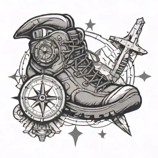 A Compass Rose Tattoo With Hiking Boots And A Construction Helmet Incorporated