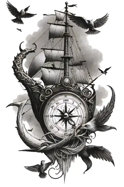 A Viking Ship With Birds Flying Over It And An Old Compass And Anchor At The Bottom