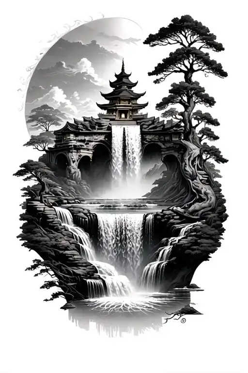 Temple And With Waterfall