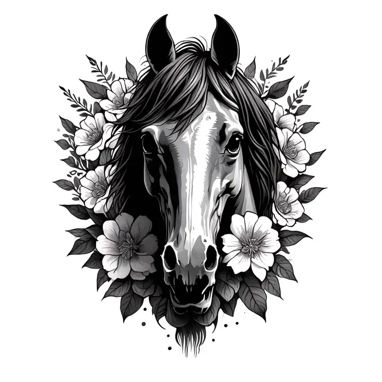 Half Horse Head With Half Horse Skull And Flowers Around It