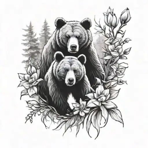 Sleeve Style Tatto With A Papa And Baby Bear In A Forest With Gladiolis Flowers
