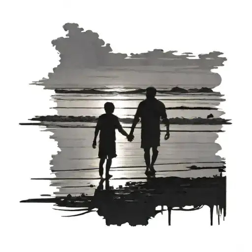 Silhouette Of A Father Walking On Abeach Holding Hands With His Son At Sunset