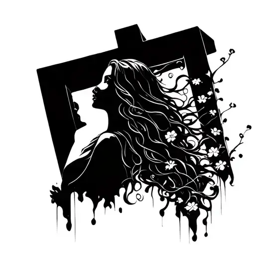 Vapor Leading Into Abstract Outline Of Women Looking Up Leaning On Cross With Flowered Vines