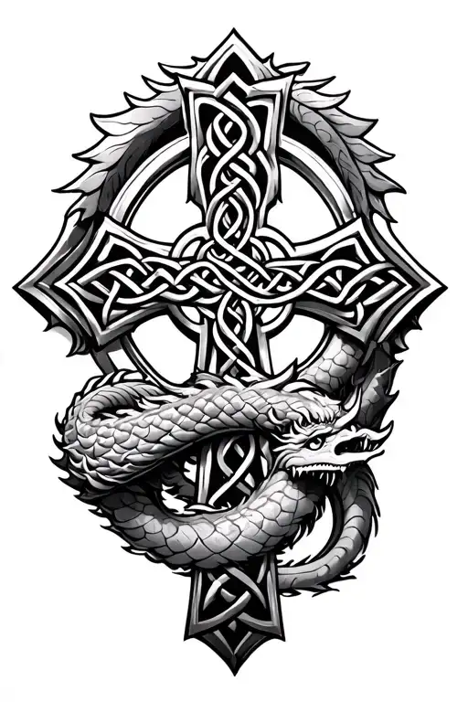 Celtic Cross With Dragon Wrapped Around The Forearm
