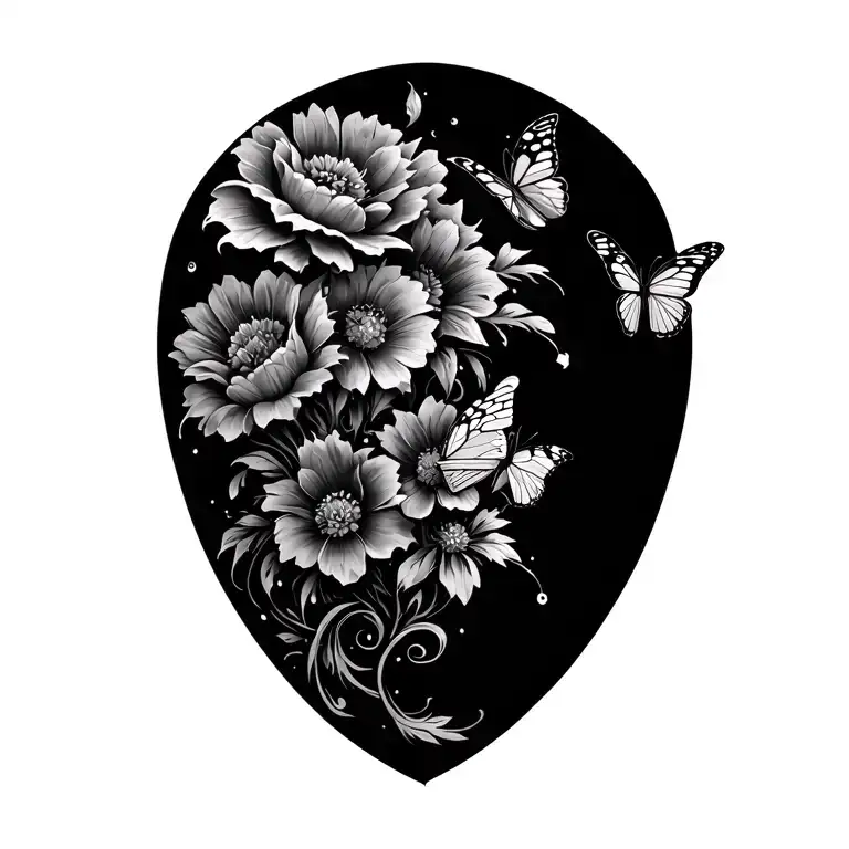 Front And Side Of The Shoulder Tattoo With Multiple Flowers And Swirls With Butterflies