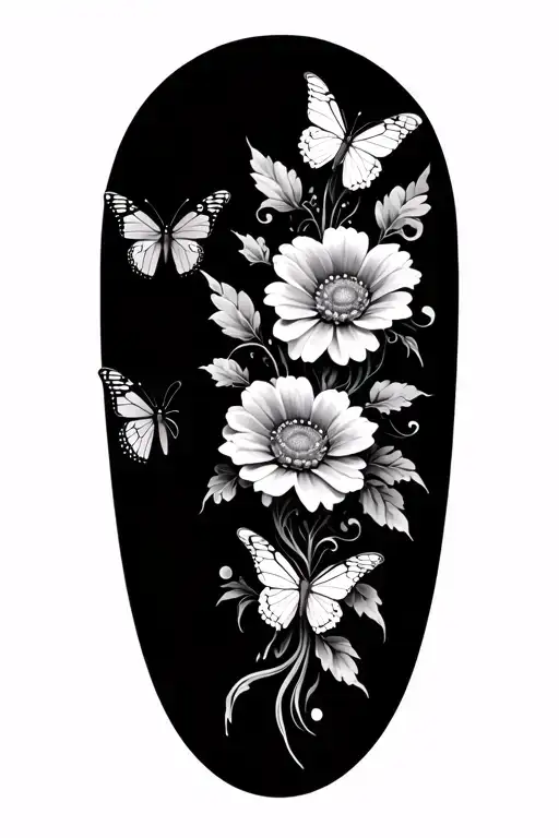 Front And Side Of The Shoulder Tattoo With Multiple Flowers And Swirls With Butterflies