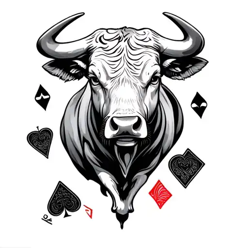 Alive Bull And Playing Cards Surrounded