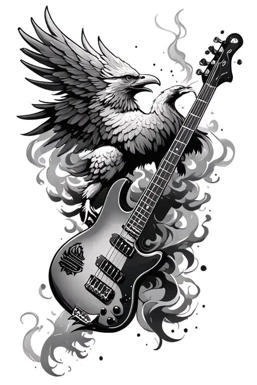 Phoenix Bird With Smoke Rising From Upper Arm And A Bass Guitar Under