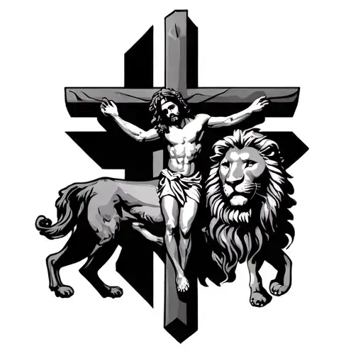 Cross With Jesus And Lion Surrounded