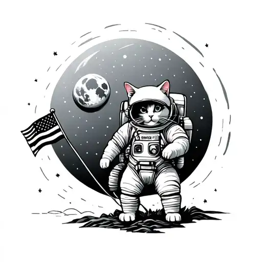 Catstronaut And Moon With Flag Planted And Some Stars