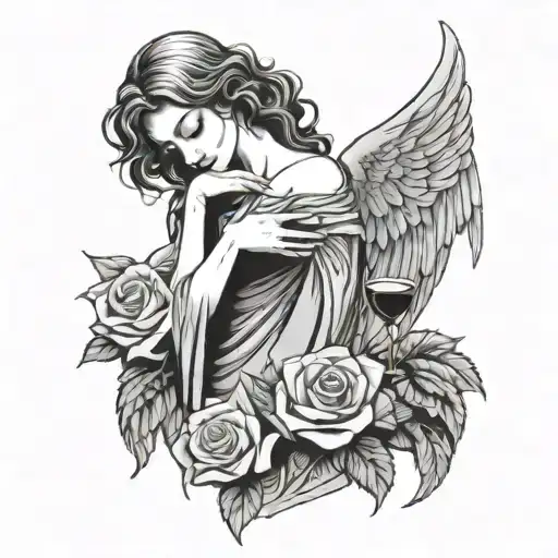 Angel Wings Woman With Tear Holding Roses And Wine Entwined With Chain