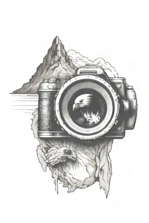 Camera Lens With Mountain Scene With Eagle Soaring Inside